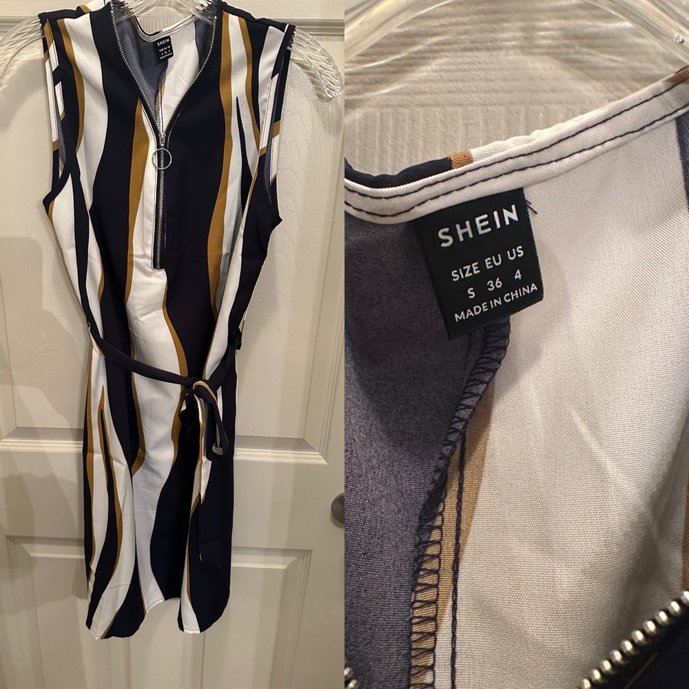 SHEIN Navy and Gold Striped Zip Dress